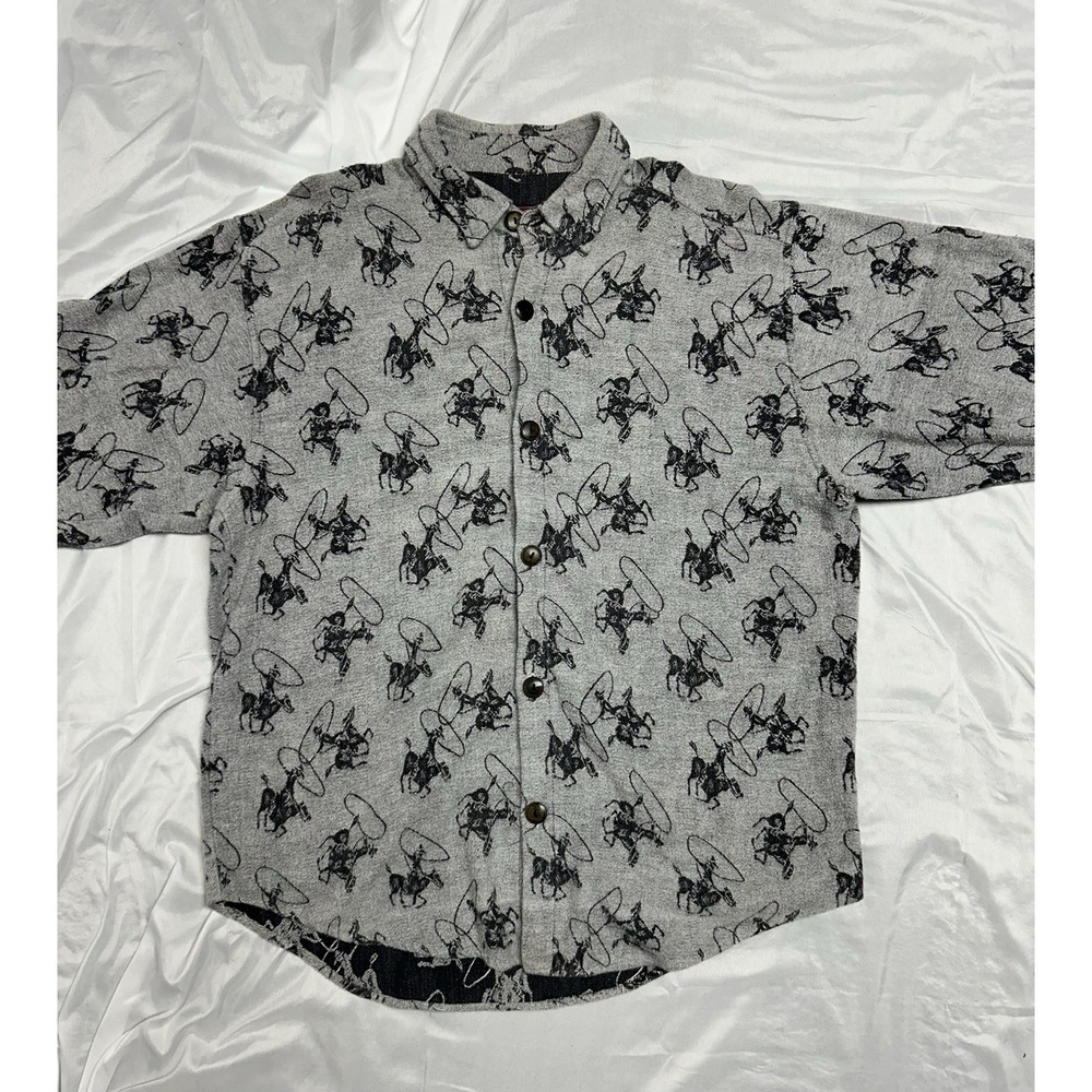Vintage True Grit Gray Western Flannel Shirt Rodeo Cowboy All Over Print USA Lrg - Picture 6 of 12
